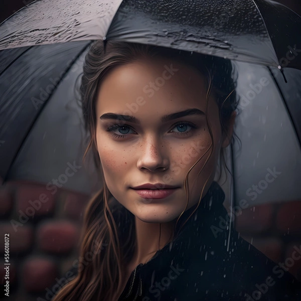 Fototapeta Vibrant Digital Painting Illustration of a White Caucasian Woman with Makeup Holding an Umbrella During a Rainy Day (AI, Not Real Models)