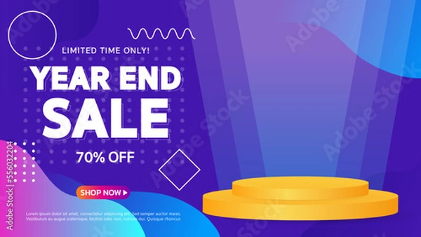Fototapeta Year End Sale. Special offer Mega sale up to 70% off with realistic podium. Banner background vector illustration
