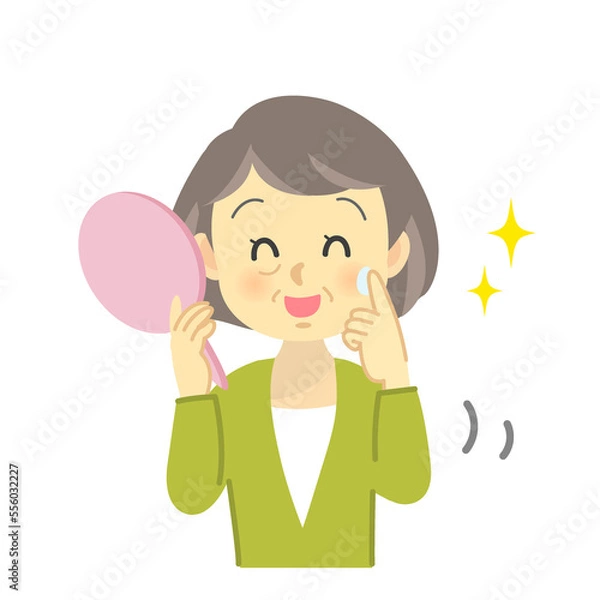 Fototapeta イラスト素材：シニア女性の肌荒れが改善され笑顔になった姿（透過背景）
