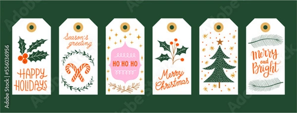Obraz Set christmas gift tags set with hand drawn doodles leafs and lettering. Vector hand drawn illustration	