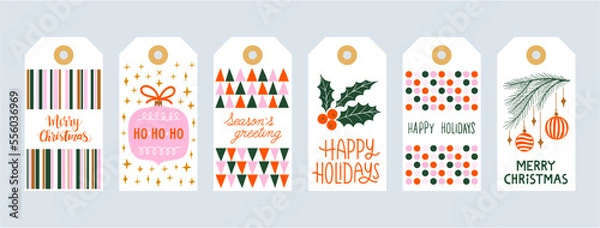Obraz Set christmas gift tags set with hand drawn doodles leafs and lettering. Vector hand drawn illustration	