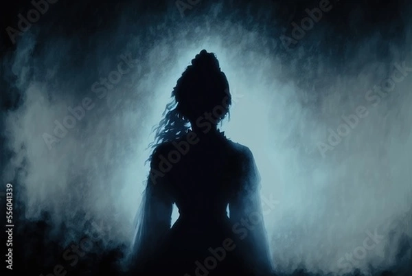 Fototapeta Haunted apparition in a dress with long hair in dense white midnight fog - creepy ghost form of female silhouette.