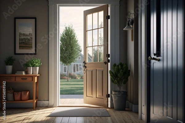 Obraz living room interior view and open door, Generated AI