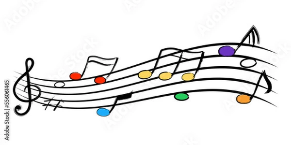 Fototapeta Music notes. Doodle flowing stave black silhouette with hand drawn notes on line wave, sound tune and music design. Abstract classic melody vector isolated on white background illustration