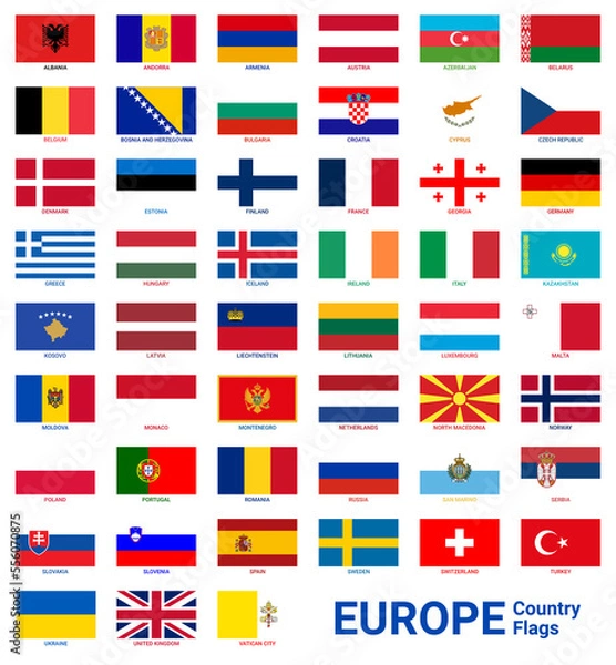 Fototapeta High-resolution Europe country flags are isolated. All Europe flags with their names.
