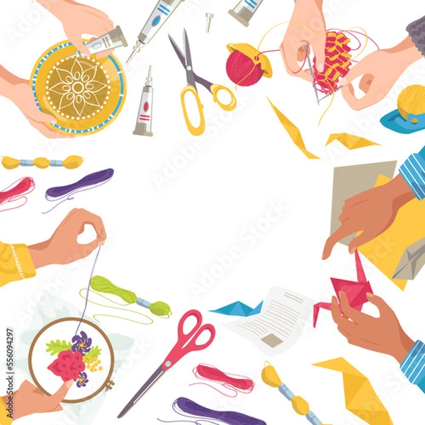 Obraz Creative center with art craft work, children drawing by pencil banner, vector illustration. Creativity children hobby, education in classroom.