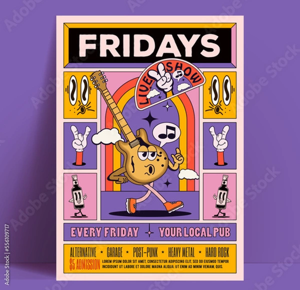 Obraz Friday live music party show or concert poster or flyer design template with retro styled walking cartoon guitar character and cartoon graphic elements in bright colors. Vector illustration