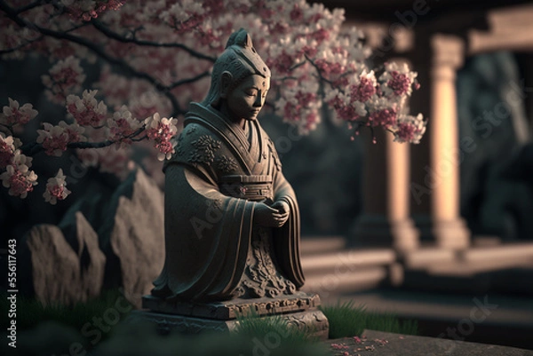 Fototapeta Statue of buddha in a zen garden with cherry blossoms