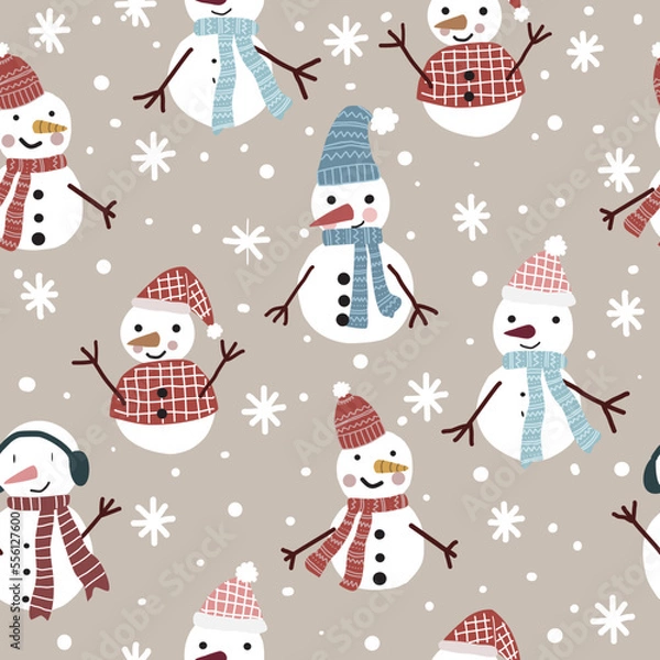 Fototapeta Christmas seamless pattern with snowman on brown  background, Winter pattern with snowflakes, wrapping paper, pattern fills, winter greetings, Christmas and New Year greeting card