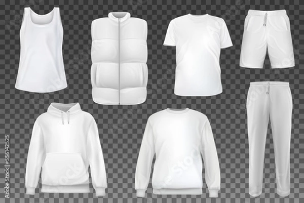 Obraz Set of vector realistic white t-shirt, sweatshirt, hoodie, vest, shorts, pants base cloth isolated on transparent background. 3d mockup for branding or fashion. Collection design casual template.