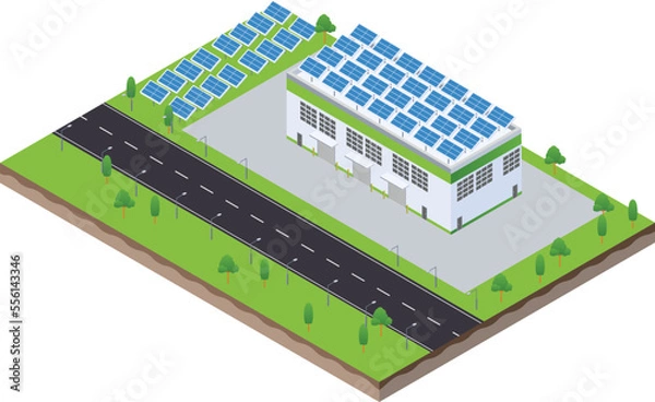 Fototapeta isometric scene of solar farm panels on the roof at green manufacturing industry factory