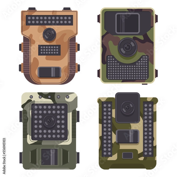 Obraz Trail camera vector cartoon set isolated on a white background.