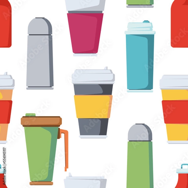 Fototapeta Travel tumbler and mug vector cartoon seamless pattern background for wallpaper, wrapping, packing, and backdrop.