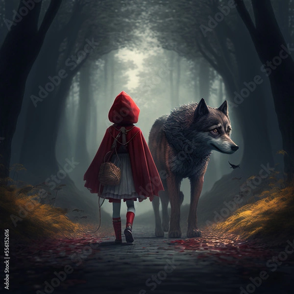 Fototapeta little red riding hood with a wolf in the forest