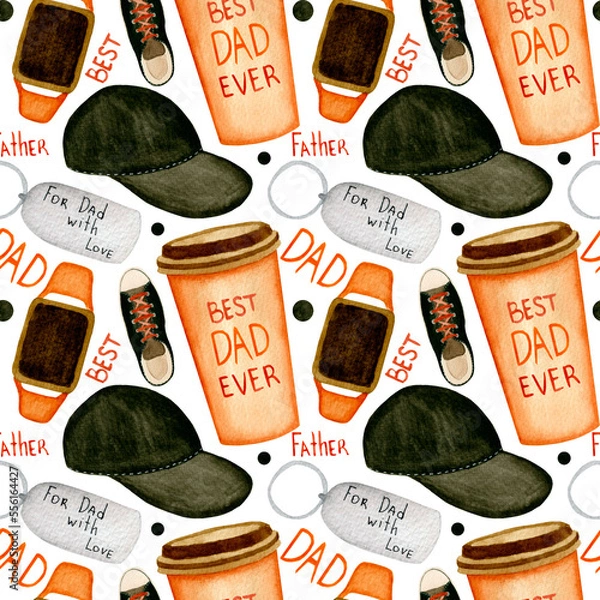 Fototapeta Watercolor pattern for dad, coffee cup with text, cap, metal key chain, sneakers, simple lettering on white background.