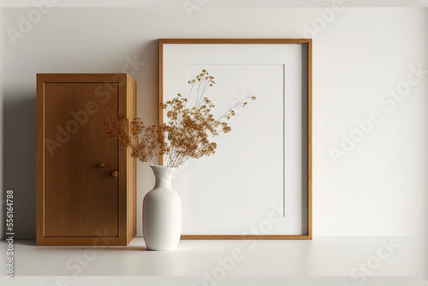 Fototapeta Modern timber frame and cabinet in a home with a mock up dry flower vase or a blank close up against a white wall. Generative AI