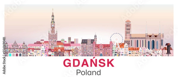 Obraz Gdansk skyline in bright color palette vector poster