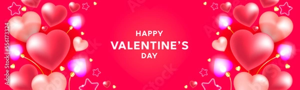 Fototapeta Happy Valentine's Day holiday banner template. Holiday card Happy Valentine's Day. Valentine's Day background 3d hearts neon and glowing hearts on a pink background. Valentine's Day greeting card vect