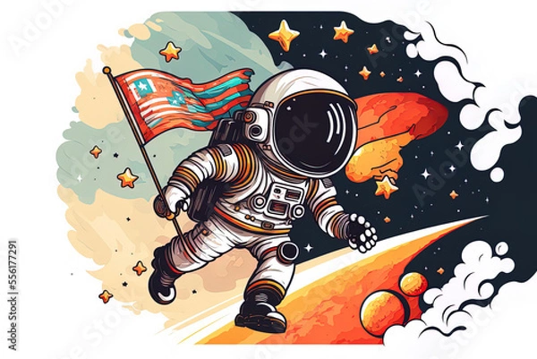 Fototapeta Cartoon symbol of an astronaut carrying a flag in outer space. Isolated space technology icon. Generative AI