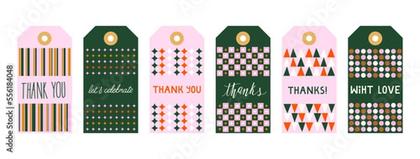 Obraz Set gift tags set with hand drawn doodles leafs and lettering. Vector hand drawn illustration