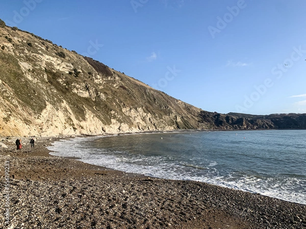Fototapeta Lulworth Cove, Dorset, England, UK. Public beach view in Lulworth Cove. Lulworth Cove and beach view. Winter sunny day morning. People are walking along the sea
