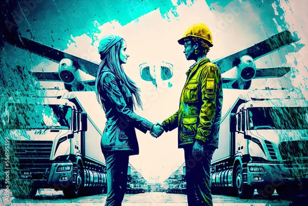 Fototapeta After successfully completing company logistics transportation service, a warehouse business foreman and ceo management lady in safety suit clasp hands and close a work for transport and logistics