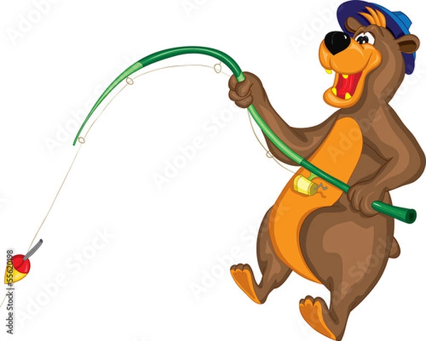 Obraz Улыбающийся медведь в шляпе ловит рыбу