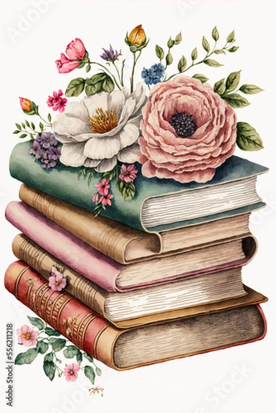 Fototapeta stack of books and flowers, watercolor illustration on white background, AI assisted finalized in Photoshop by me 