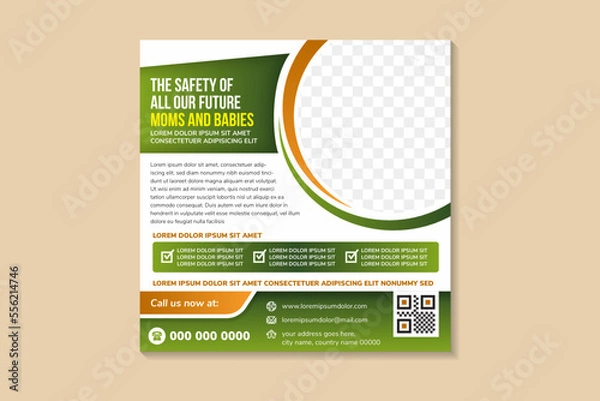 Obraz the safety of all aour future moms and babies banner design template. social media feed post in square layout. space for photo collage. combination green and brown gradient color with white background