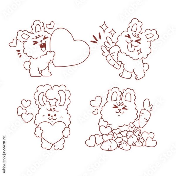 Fototapeta fluffy bunny and fresh carrot sticker set coloring book illustration digital element
