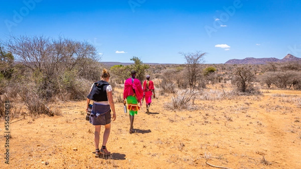 Fototapeta Maasai tribe men wearing traditional clothes and a tourist walking away in an open Kenya Africa field with open blue sky, Laikipia, Kenya.