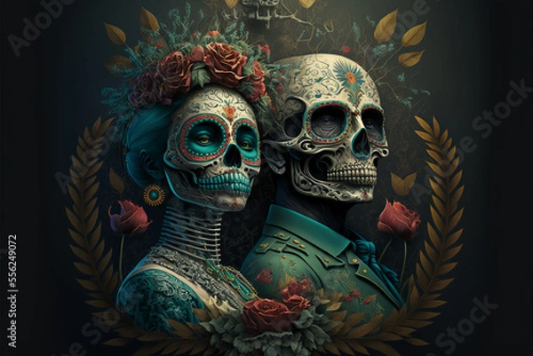 Fototapeta Two Mexican Day of the Dead skulls or skeletons. Generative AI.