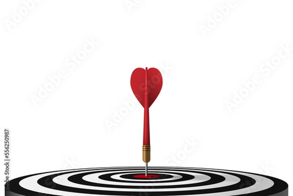 Fototapeta Red dart hit to center of dartboard. Arrow on bullseye in target. Business success, learning goal, objective challenge, purpose strategy, achievement focus concept. 3d realistic illustration