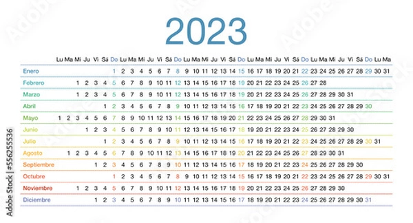 Obraz Calendar for 2023 in Spanish language. The week starts on Monday.
