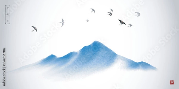 Obraz Swallows flying over the blue mountain. Traditional oriental ink painting sumi-e, u-sin, go-hua. Hieroglyph - happiness.
