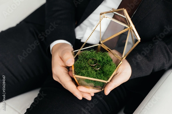 Fototapeta The concept of love and relationships. A man holds wedding rings in a gold box decorated with green moss. Close the horizontal photo.