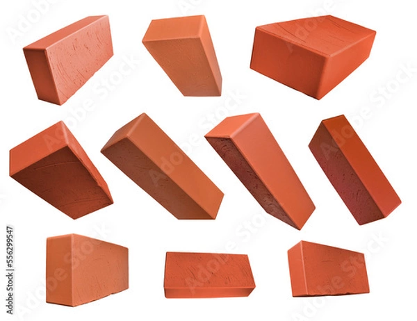 Obraz Red clay bricks isolated on png background.  Bricks from different angles