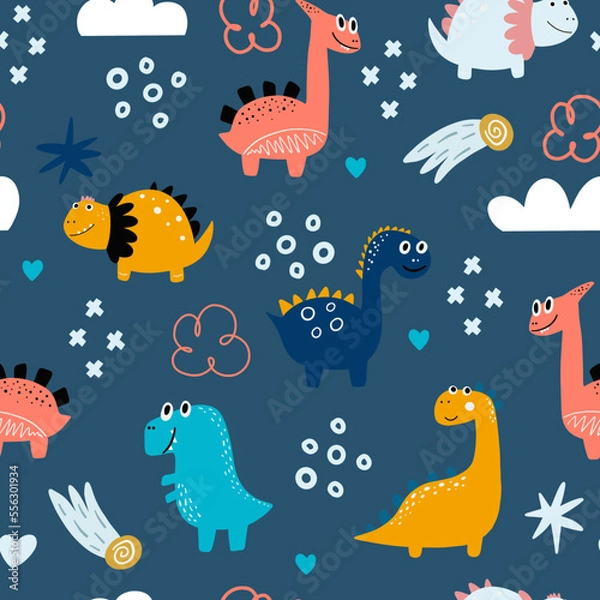 Fototapeta Baby pattern with dinosaurs. Vector hand-drawn colored seamless repeating baby pattern with cute dinosaurs in Scandinavian style. Cute baby animals.