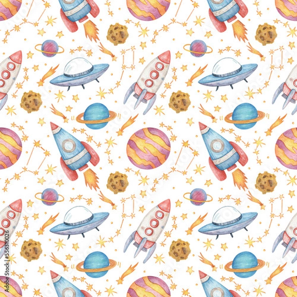 Obraz Hand-drawn seamless watercolor pattern on a transparent background. Space illustration with stars, rockets, planets and constellations for design, wrapping paper, printing, etc.