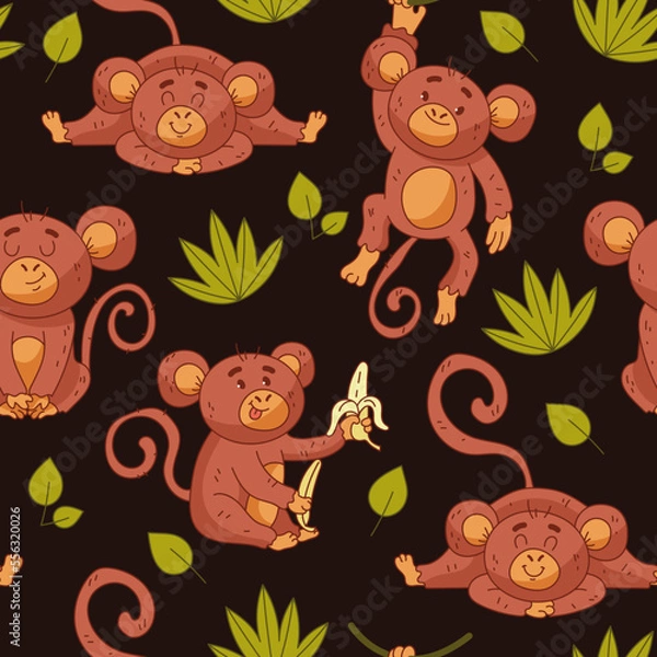 Fototapeta Monkey character jungle forest style seamless pattern concept. Vector graphic design illustration element