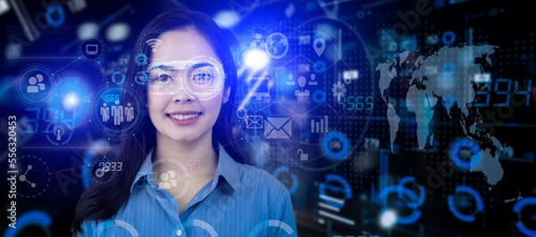 Fototapeta Businesswoman working on Professional project with icons about planning tasks and business management, innovation deliverables and contract business digital concept.