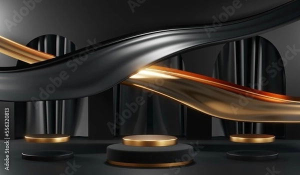 Fototapeta 3D rendering of blank product background for cream cosmetics Modern black podium background