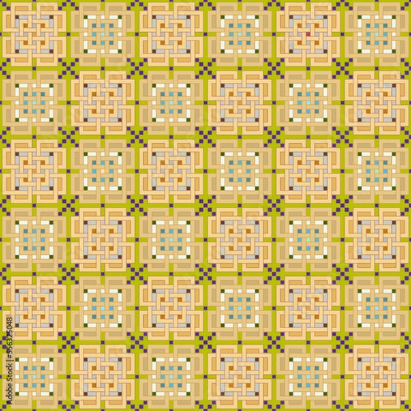 Obraz Seamless, Vector Image of Interlocking Rectangular Shapes and Crosses Forming a Repeating Pattern in Orange and Green Tones. Can Be Used in Design and Textiles