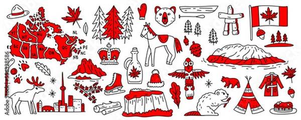 Fototapeta Canada vector travel symbols set. Collection of national canadian icons. Set of design elements in a flat style. Tourism. Vector concept for greeting cards, banners and posters.