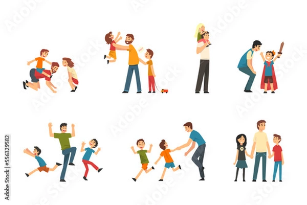 Fototapeta Happy Father Playing and Having Fun with His Kids Vector Set