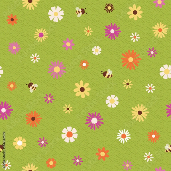 Fototapeta Seamless vector pattern with flowers and bees on a green textured background, great for kid products