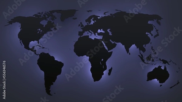 Fototapeta Blue glow dark world map, 3d render