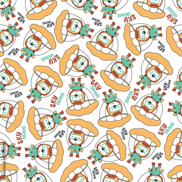 Fototapeta Seamless vector pattern with cute little lion skydiver, Design concept for kids textile print, nursery wallpaper, wrapping paper. Cute funny background.