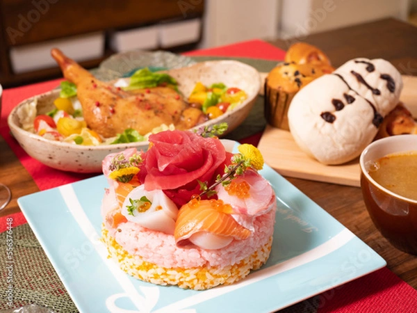 Obraz クリスマスディナーの寿司ケーキ