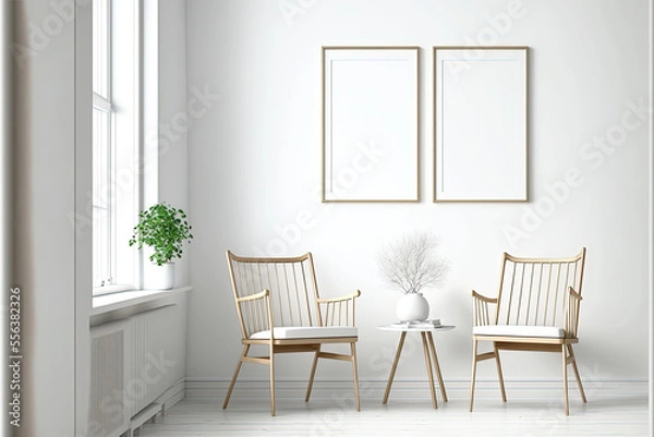 Fototapeta minimalist modern living room design with empty frame mockup, two wooden chairs on white wall, AI assisted finalized in Photoshop by me 
